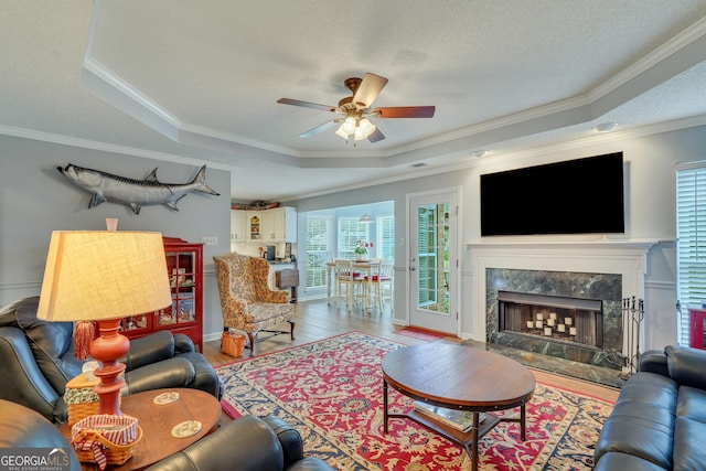 living room with hardwood / wood-style flooring, a raised ceiling, and ornamental molding