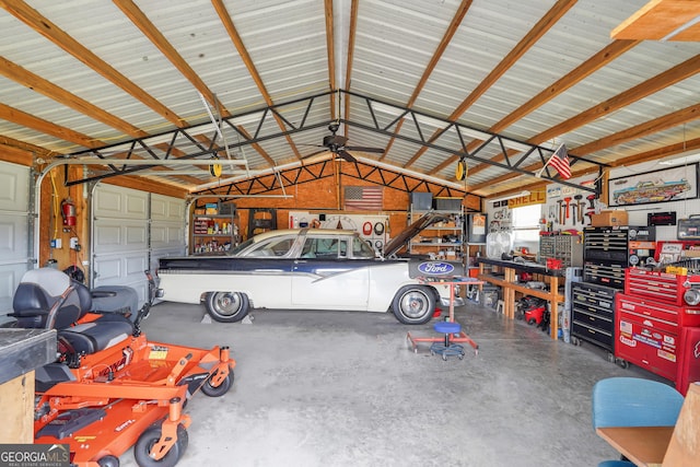 garage with a workshop area