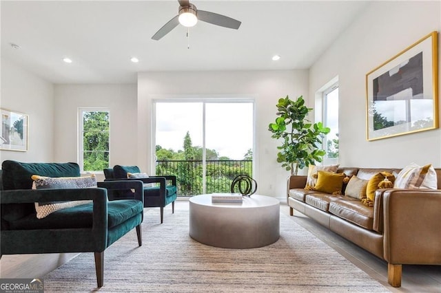 living room featuring ceiling fan