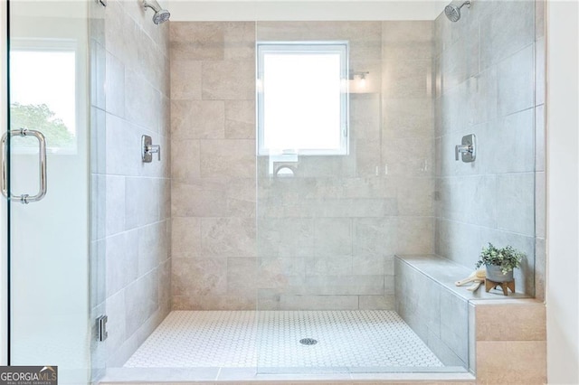 bathroom featuring a shower with door and a wealth of natural light