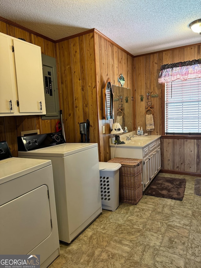 washroom with cabinets and wooden walls