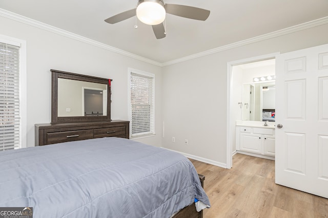 bedroom with connected bathroom, ceiling fan, sink, crown molding, and light hardwood / wood-style floors