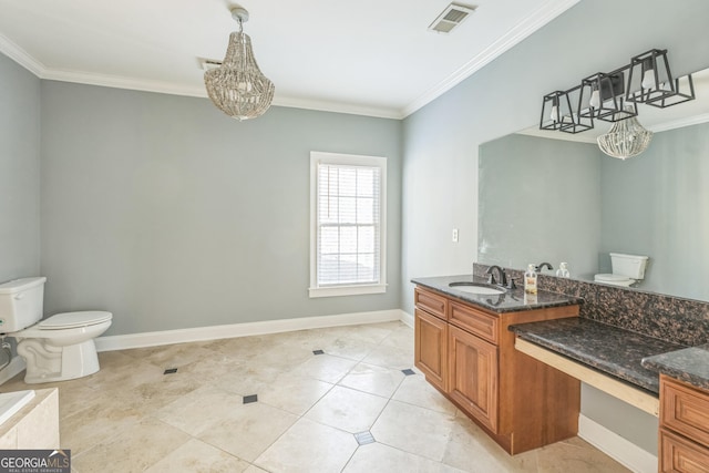 bathroom featuring a notable chandelier, tile patterned floors, toilet, vanity, and ornamental molding