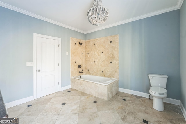 bathroom featuring a chandelier, toilet, ornamental molding, and tiled tub