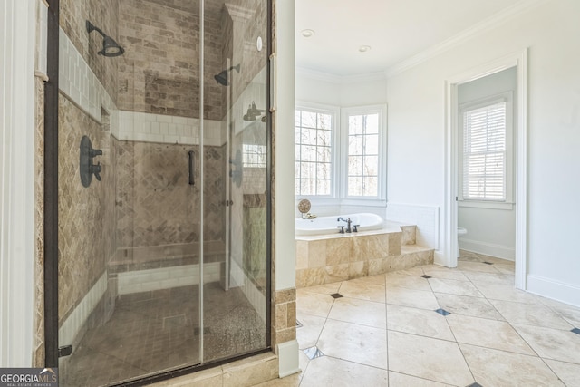 bathroom featuring tile patterned flooring, separate shower and tub, toilet, and ornamental molding