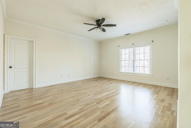 unfurnished room with ceiling fan, light hardwood / wood-style flooring, and ornamental molding