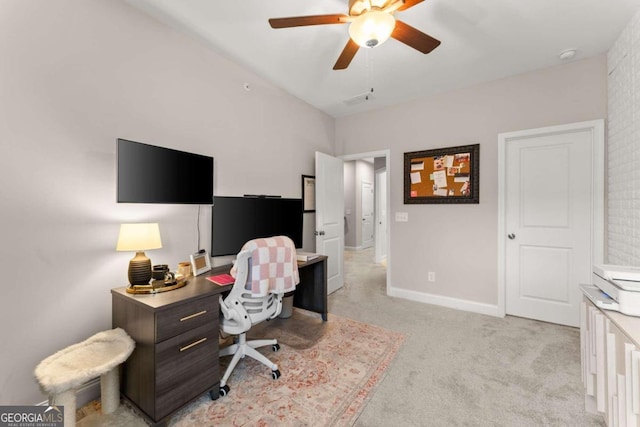 home office with light colored carpet and ceiling fan