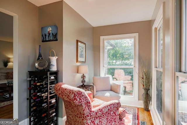 sitting room with hardwood / wood-style flooring