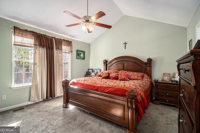 bedroom with ceiling fan, carpet, and lofted ceiling