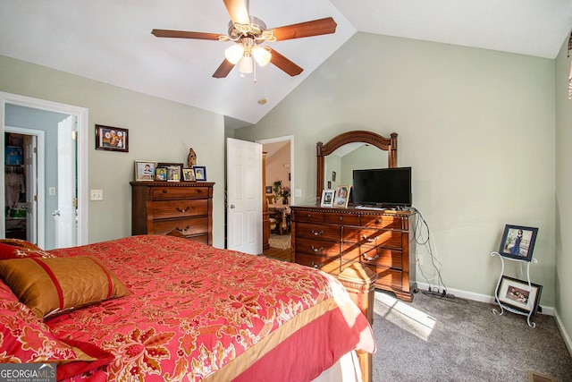 bedroom with carpet flooring, ceiling fan, and lofted ceiling