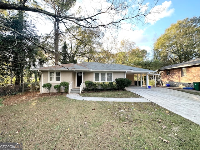 single story home featuring a carport and a front lawn