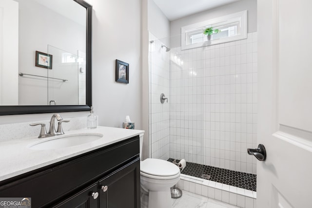 bathroom with a tile shower, vanity, and toilet