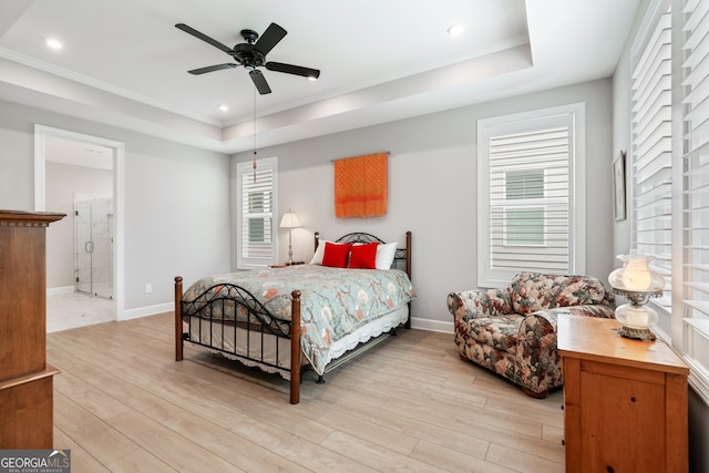 bedroom featuring ceiling fan, light hardwood / wood-style floors, and ornamental molding