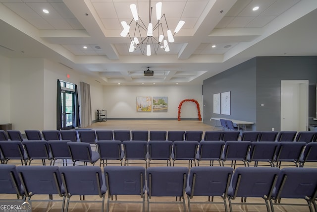 home theater with beam ceiling, coffered ceiling, and a notable chandelier