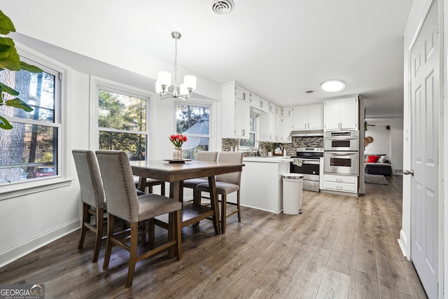 kitchen featuring dark hardwood / wood-style flooring, backsplash, decorative light fixtures, white cabinets, and appliances with stainless steel finishes