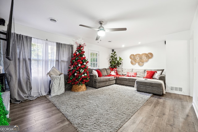 living room with hardwood / wood-style floors and ceiling fan