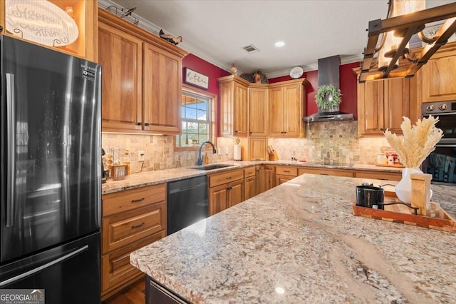 kitchen featuring black appliances, wall chimney exhaust hood, ornamental molding, and sink