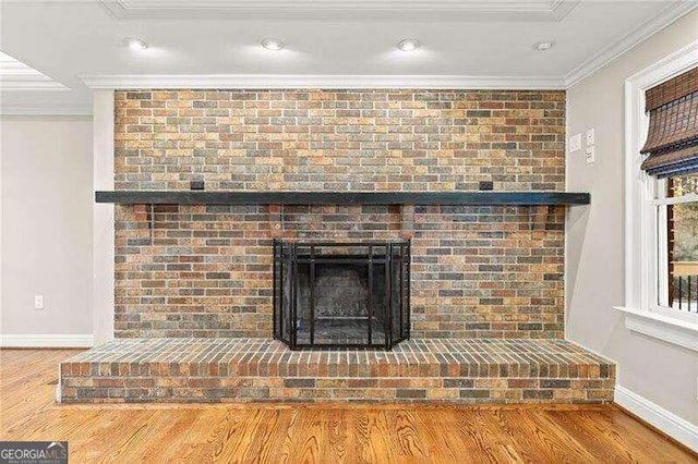 room details with a fireplace, wood-type flooring, and crown molding