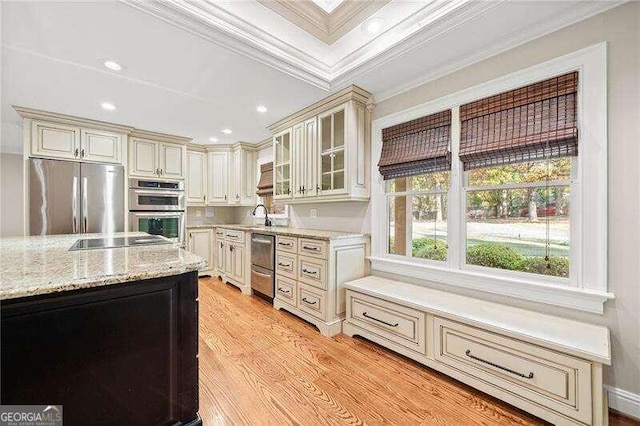 kitchen featuring appliances with stainless steel finishes, light hardwood / wood-style flooring, crown molding, and cream cabinets