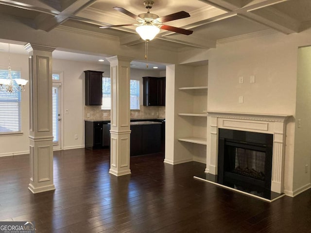 unfurnished living room with a wealth of natural light, dark wood-type flooring, and coffered ceiling