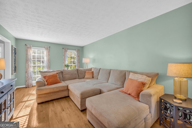 living room featuring a textured ceiling and light hardwood / wood-style floors