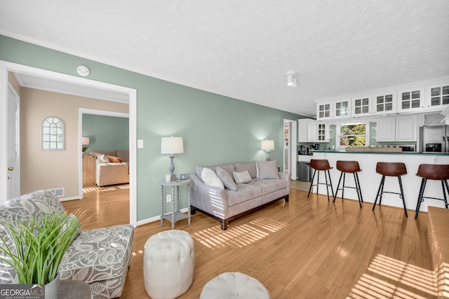 living room with a textured ceiling, light hardwood / wood-style floors, and plenty of natural light