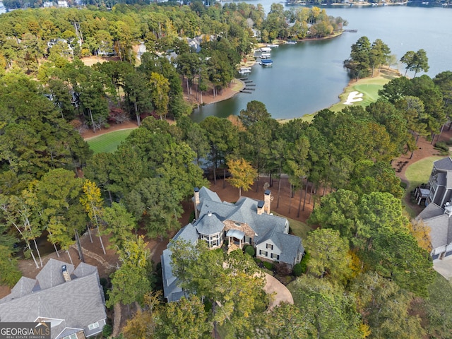 bird's eye view with a water view