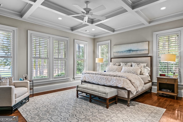 bedroom featuring hardwood / wood-style flooring, multiple windows, coffered ceiling, and ceiling fan