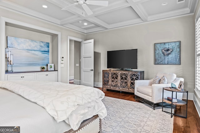 bedroom featuring ceiling fan, coffered ceiling, and hardwood / wood-style flooring