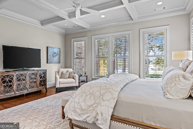 bedroom featuring coffered ceiling, ceiling fan, dark wood-type flooring, and multiple windows