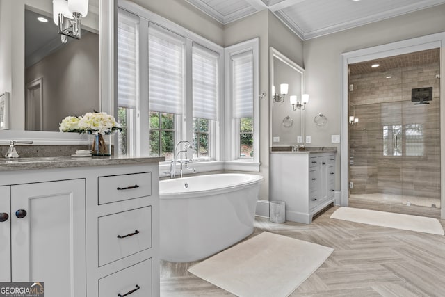 bathroom featuring plus walk in shower, vanity, parquet floors, and crown molding