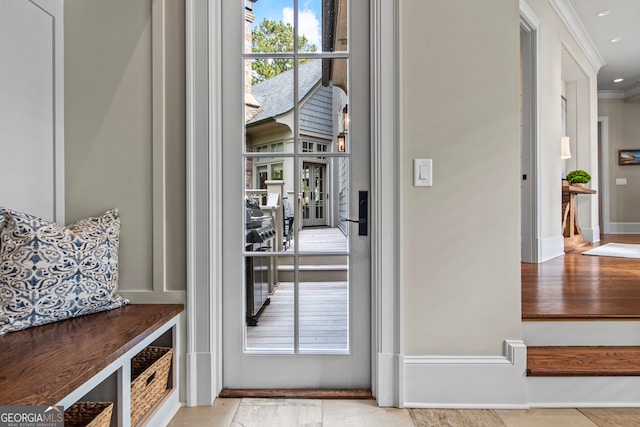 mudroom with crown molding