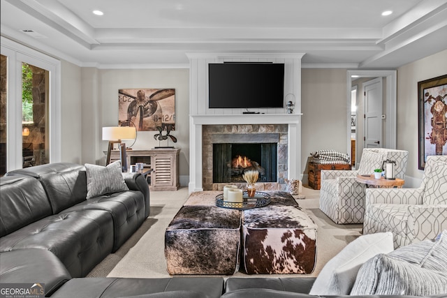 living room with light colored carpet and a tray ceiling