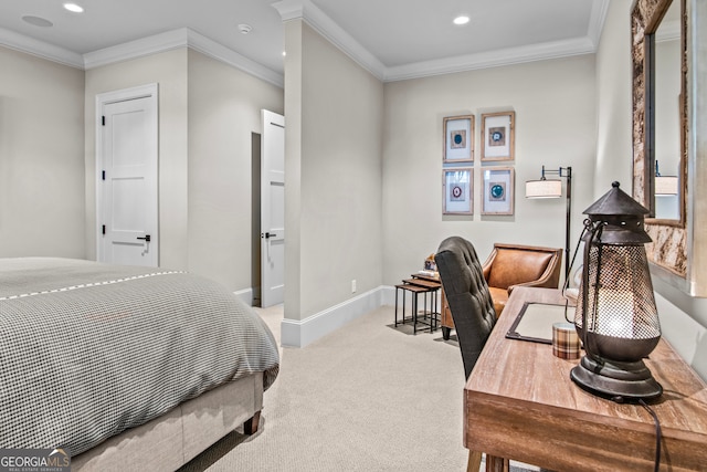 bedroom with ornamental molding and light carpet