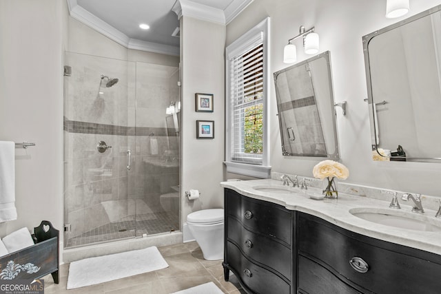 bathroom with tile patterned floors, an enclosed shower, toilet, vanity, and ornamental molding