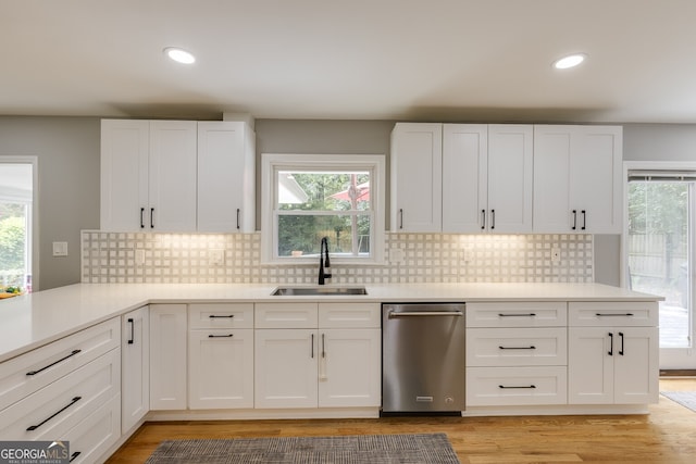 kitchen with dishwasher, light hardwood / wood-style flooring, a healthy amount of sunlight, and sink