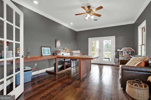 office area featuring dark hardwood / wood-style flooring, crown molding, french doors, and ceiling fan