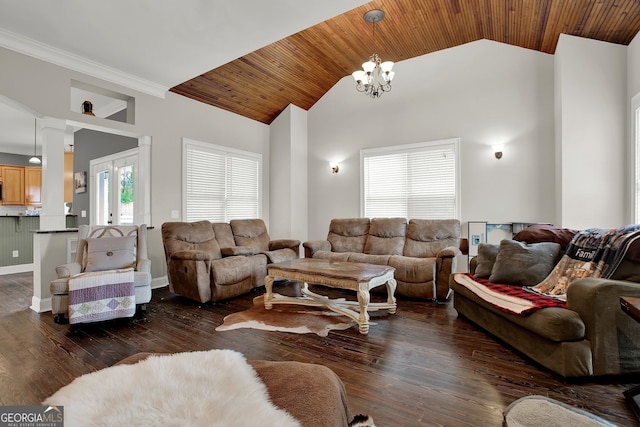 living room featuring high vaulted ceiling, crown molding, dark hardwood / wood-style flooring, wood ceiling, and a chandelier