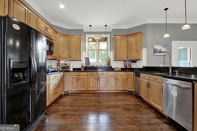 kitchen with dark hardwood / wood-style flooring, crown molding, sink, black appliances, and hanging light fixtures