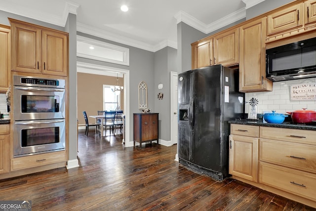 kitchen with ornamental molding, tasteful backsplash, dark wood-type flooring, and black appliances