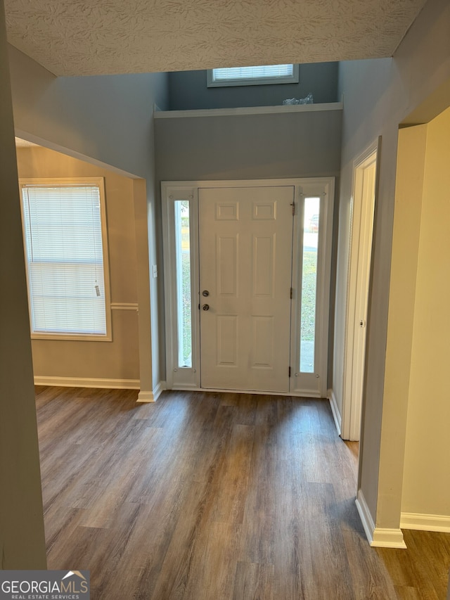 foyer featuring wood-type flooring, a textured ceiling, and a wealth of natural light