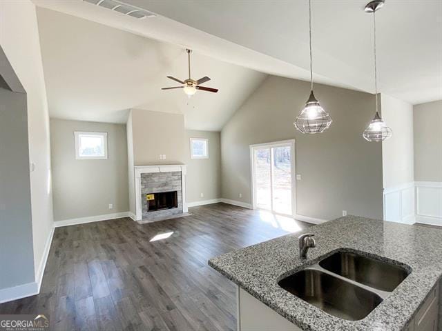 kitchen with light stone countertops, dark hardwood / wood-style floors, plenty of natural light, and sink