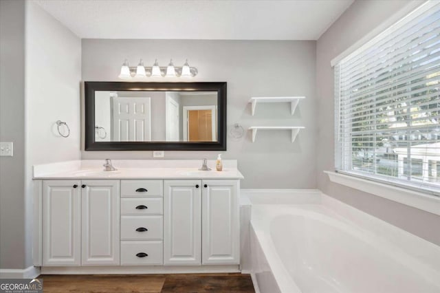 bathroom with a bathing tub, vanity, and wood-type flooring