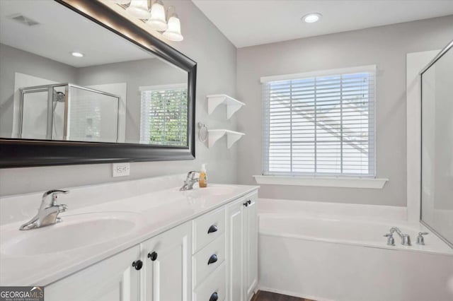 bathroom with plenty of natural light, separate shower and tub, and vanity