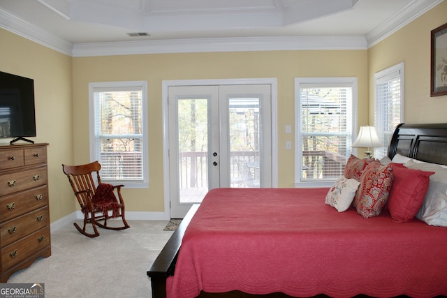 bedroom with access to outside, light carpet, french doors, and ornamental molding