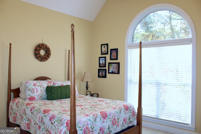 carpeted bedroom featuring lofted ceiling