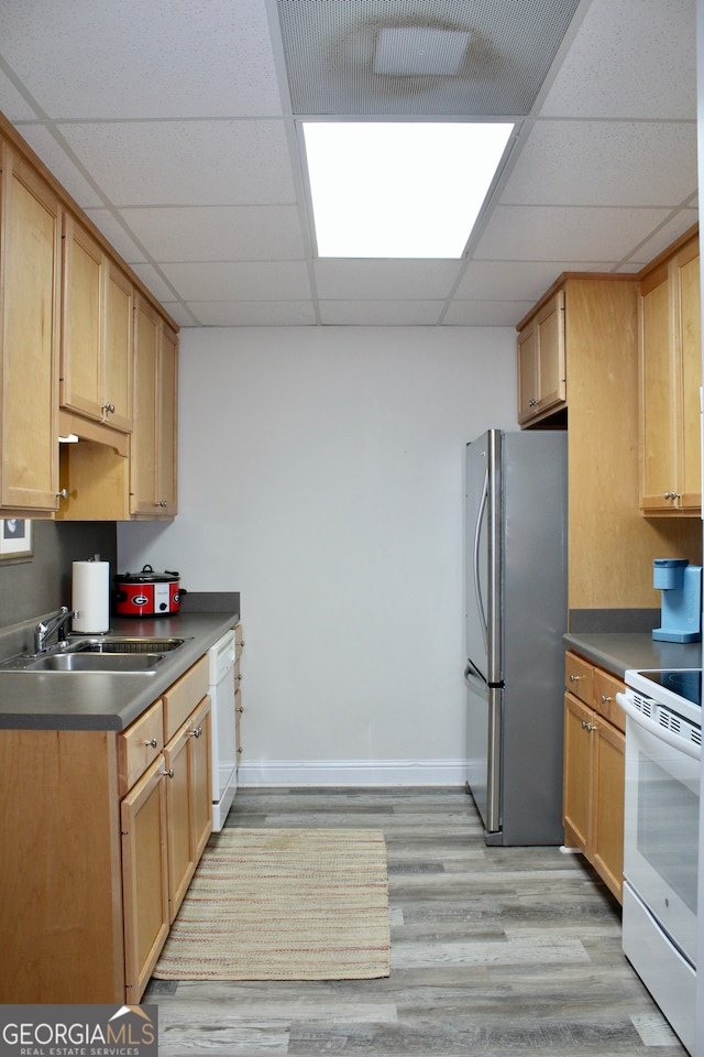 kitchen with light brown cabinetry, a paneled ceiling, white appliances, sink, and light hardwood / wood-style floors