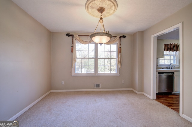 carpeted spare room with plenty of natural light and sink