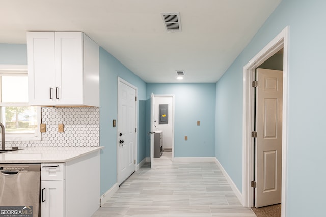 kitchen featuring white cabinetry, sink, stainless steel dishwasher, backsplash, and electric panel