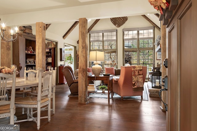 dining space featuring beamed ceiling, dark hardwood / wood-style flooring, a chandelier, and high vaulted ceiling